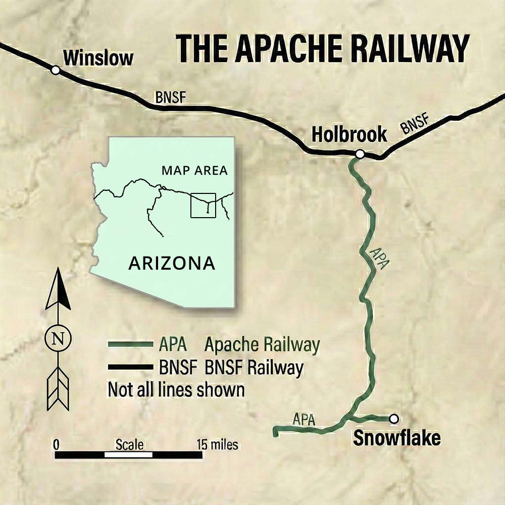 A map representing the Apache Railway line from Snowflake, AZ to Holbrook, AZ.