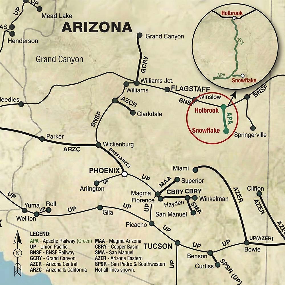 A map of railway lines in Arizona with an inset of the Apache Railway